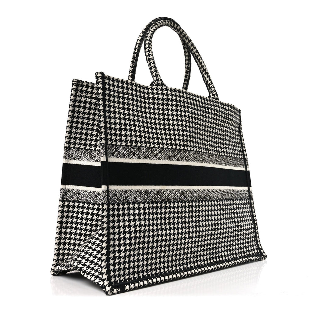 Christian Dior Canvas Houndstooth Embroidered Book Tote Black White