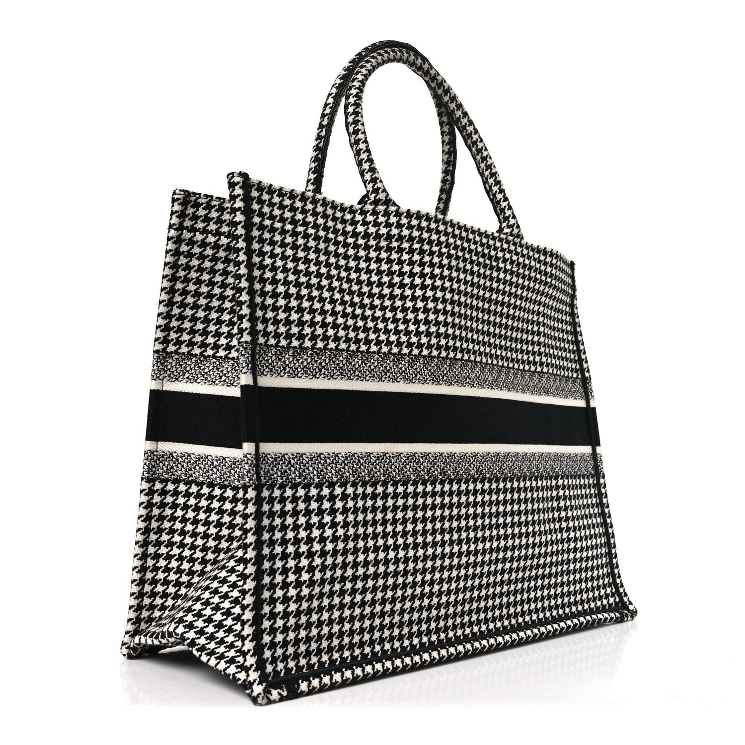 Christian Dior Canvas Houndstooth Embroidered Book Tote Black White