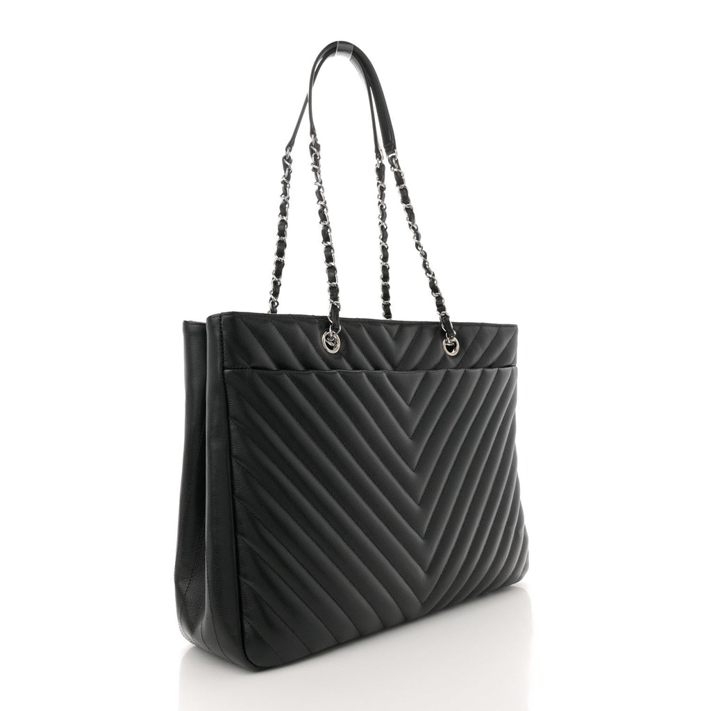 Chanel Caviar Chevron Quilted Large Shopping Tote Tote Black