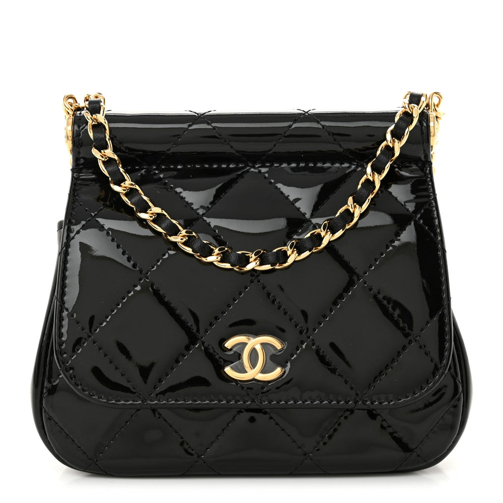 Chanel Patent Quilted Frame Clutch Flap With Chain Black