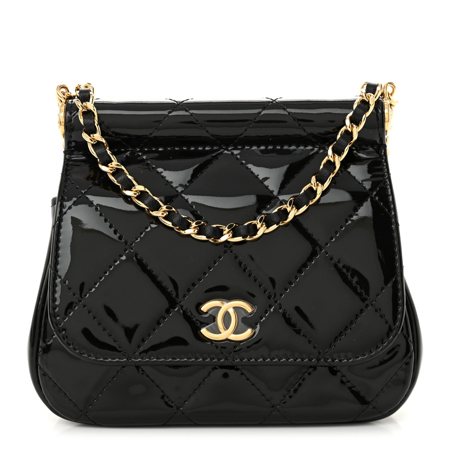 Chanel Patent Quilted Frame Clutch Flap With Chain Black