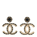 Lambskin CC Chain Drop Earrings Black Gold