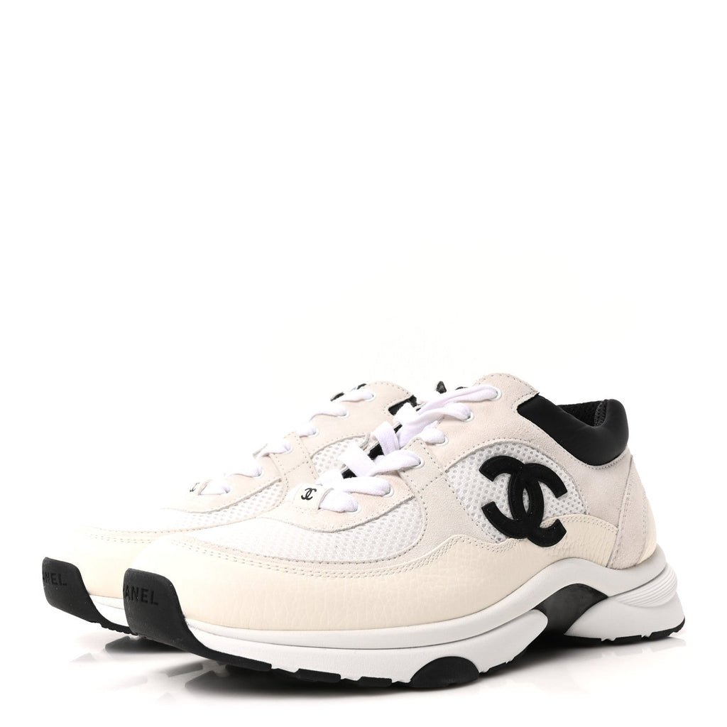 Mesh Suede Grained Calfskin Womens CC Sneakers 42 White Black