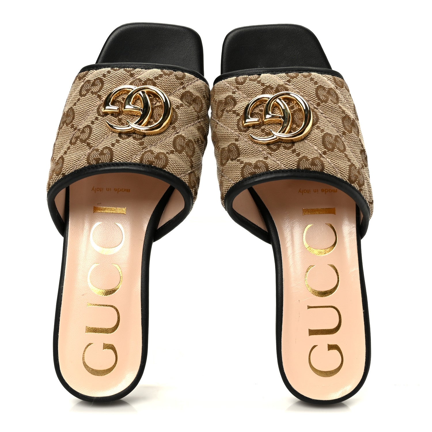 Gucci Monogram Matelasse Diagonal GG Marmont Flat Slide Sandals 35 Beige Ebony Black