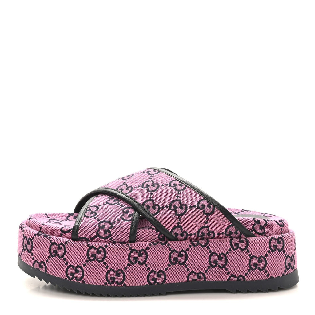 Gucci Monogram Multicolor Criss Cross Platform Slide Sandals 36.5 Pink Blue