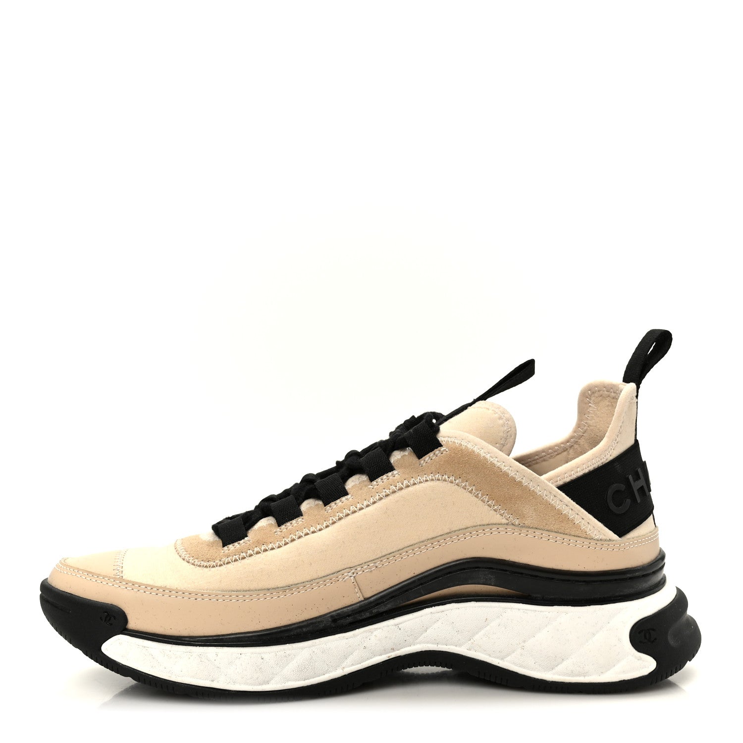 Chanel Velvet Calfskin Mixed Fibers CC Sneakers 37.5 Beige