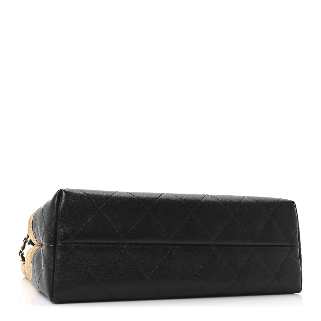 Chanel Suede Calfskin Shiny Lambskin Quilted Small Coco Base Shopping Bag Beige Black