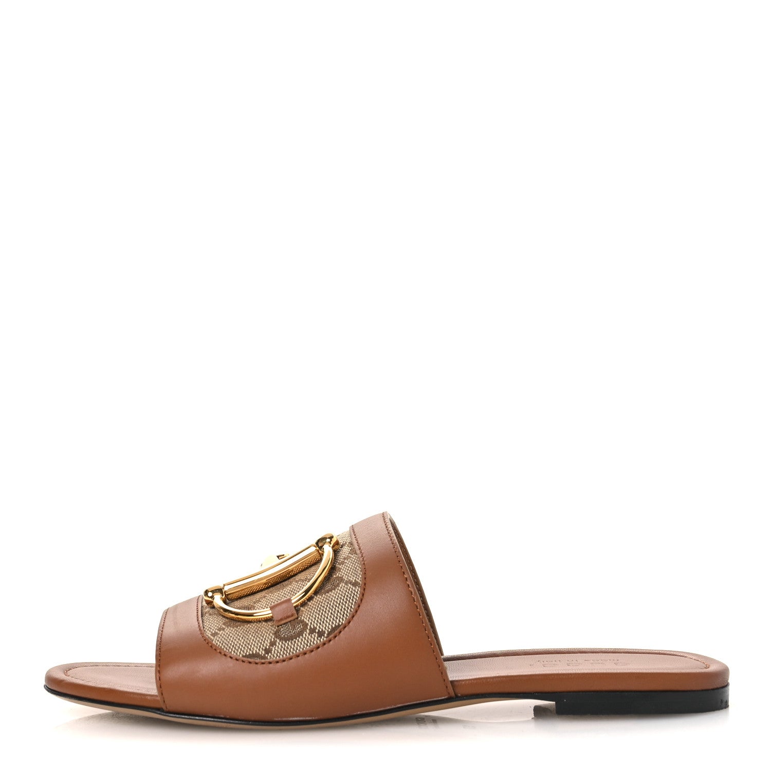 Gucci Calfskin Monogram Horsebit Womens Slide Sandals 37 Beige Ebony Sundial