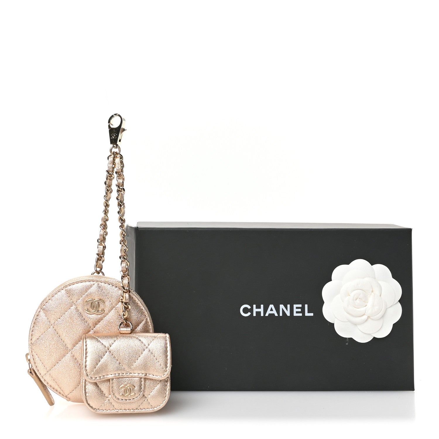 Metallic Lambskin Quilted Round Clip On Coin Purse Airpods Case Gold