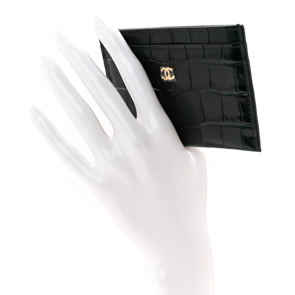 Calfskin Crocodile Embossed Crococo Card Holder Emerald