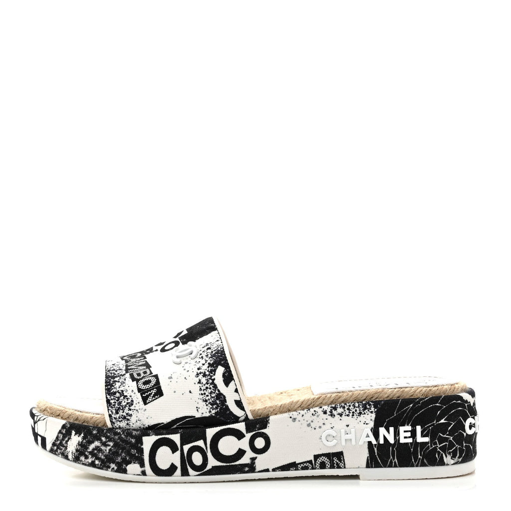 Fabric Grosgrain Printed CC Espadrille Slip On Sandals 36 Black White