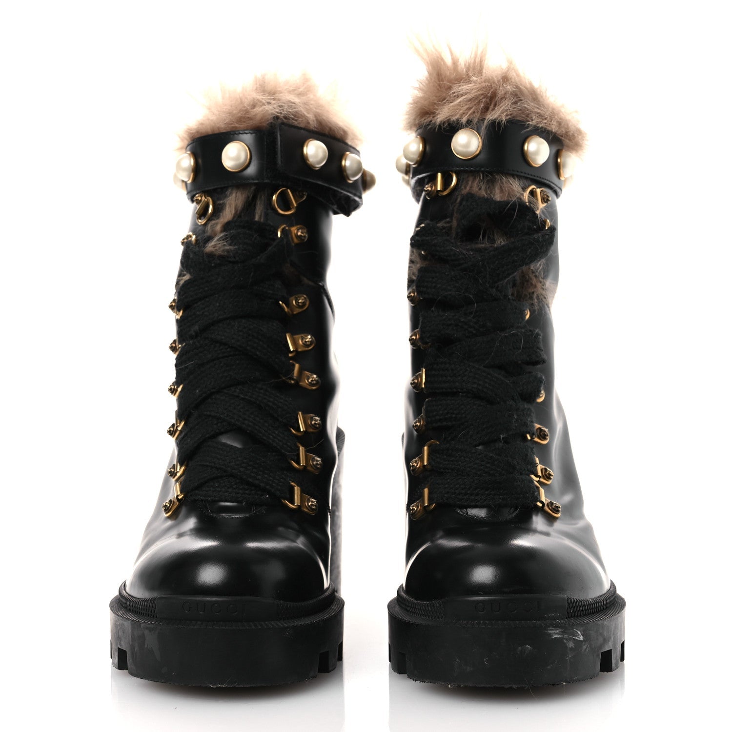Gucci Magnum Calfskin Fur Pearl Lace Up Combat Ankle Boots 39.5 Black Naturale