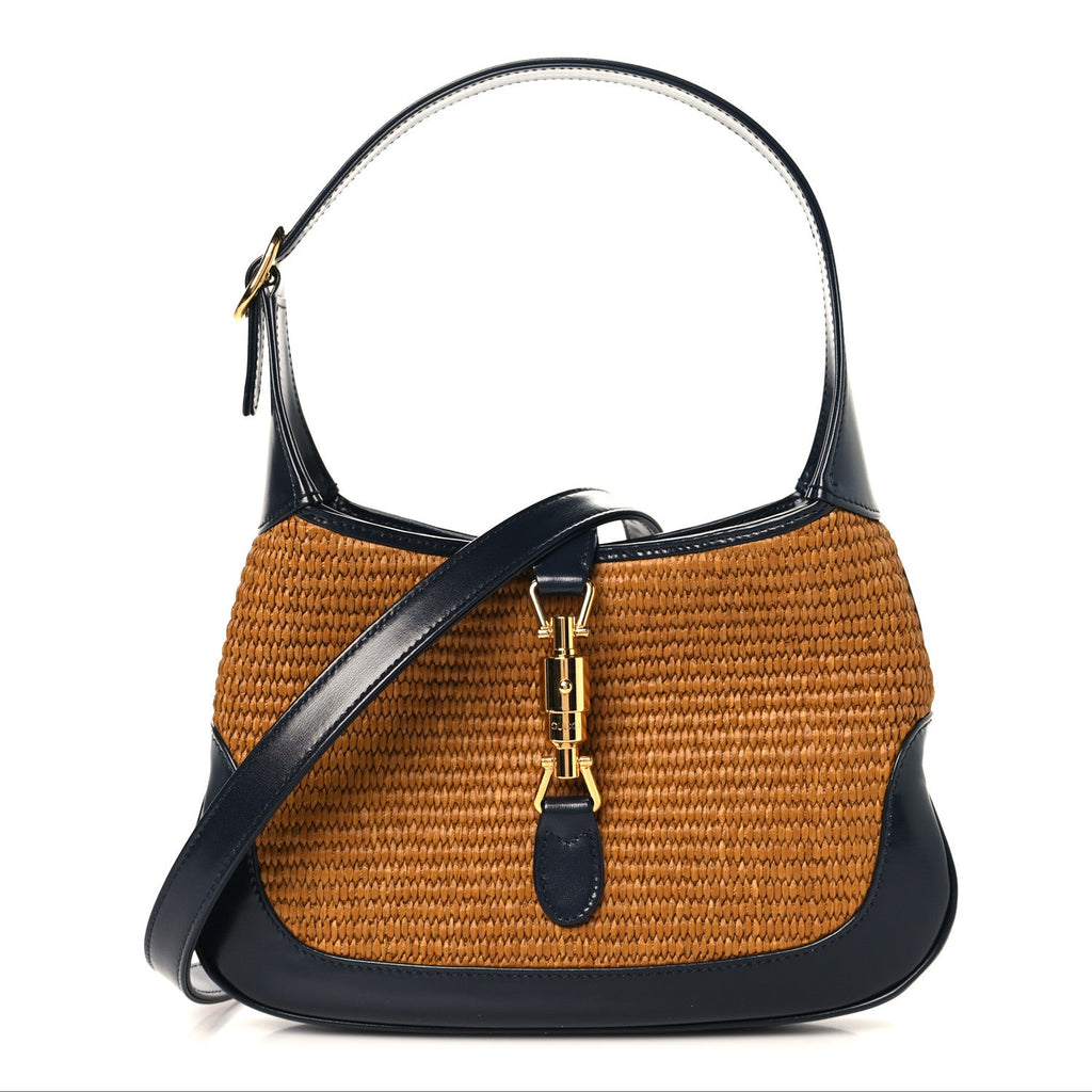 Gucci Straw Lux Boarded Dyana Lux Calfskin Small Jackie 1961 Hobo Dark Natural Blue