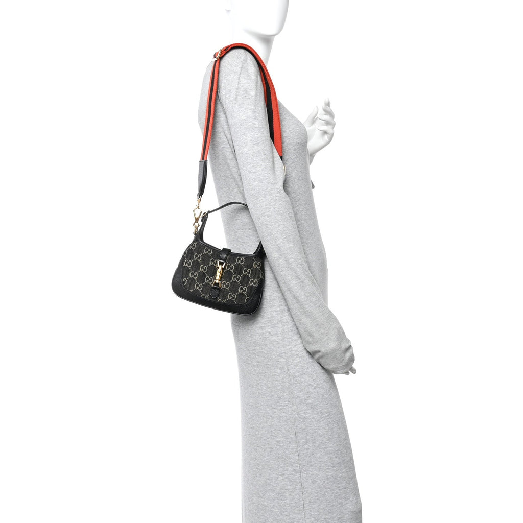 Gucci Jacquard Black Denim GG Monogram Textured Dollar Calfskin Mini Jackie 1961 Hobo Black Ivory