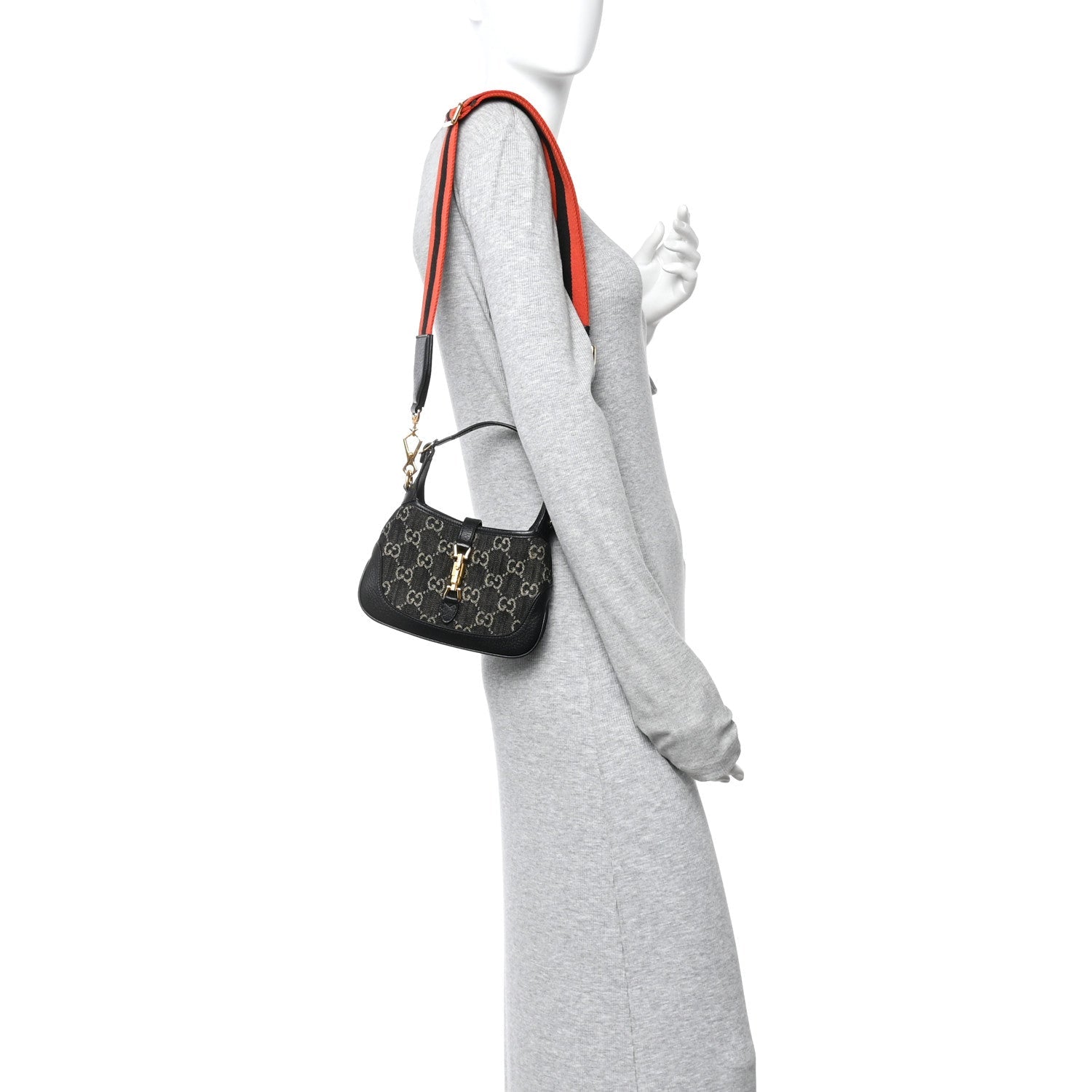 Gucci Jacquard Black Denim GG Monogram Textured Dollar Calfskin Mini Jackie 1961 Hobo Black Ivory