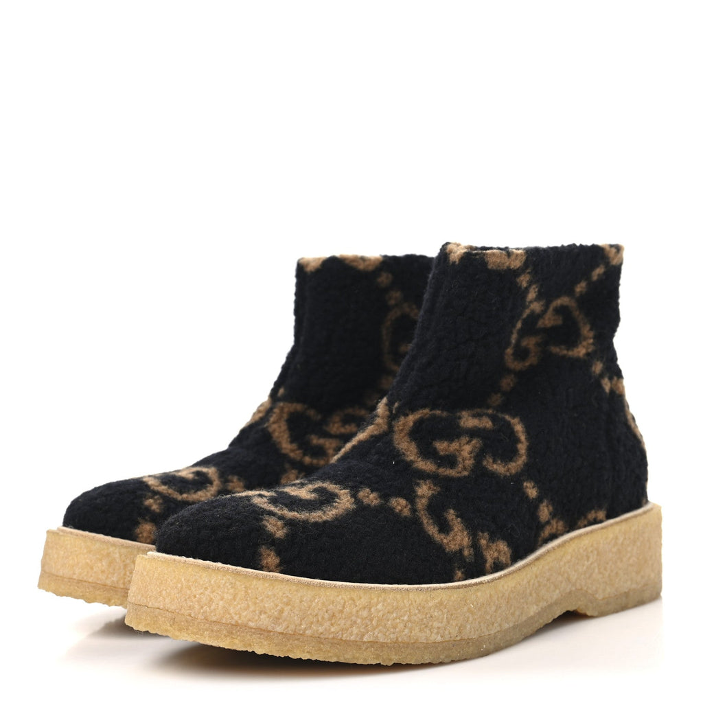 Gucci Faux Shearling Hooper GG Womens Ankle Boots 39 Black Natural Tan