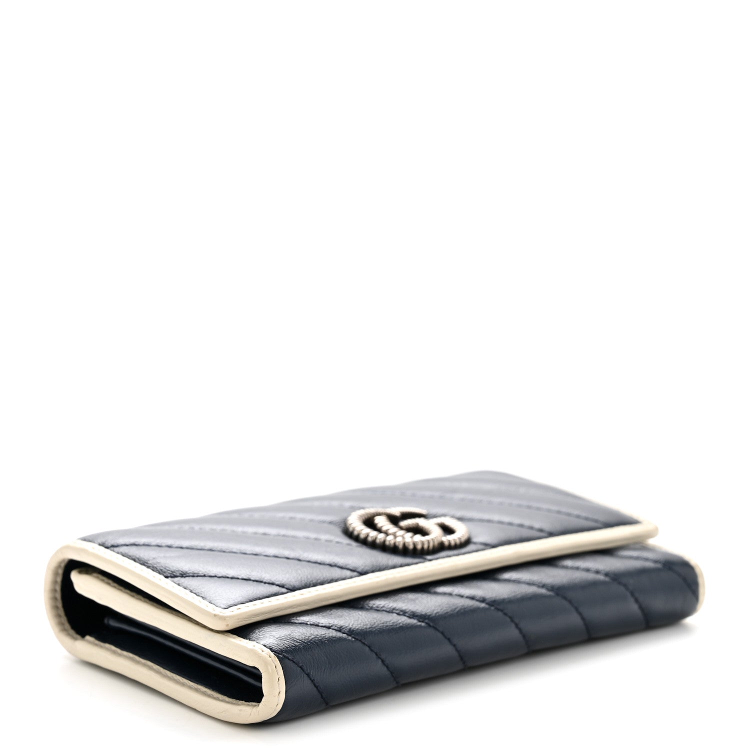 Gucci Vintage Effect Calfskin Matelasse Diagonal Torchon GG Marmont Continental Wallet Blue Agata Mystic White