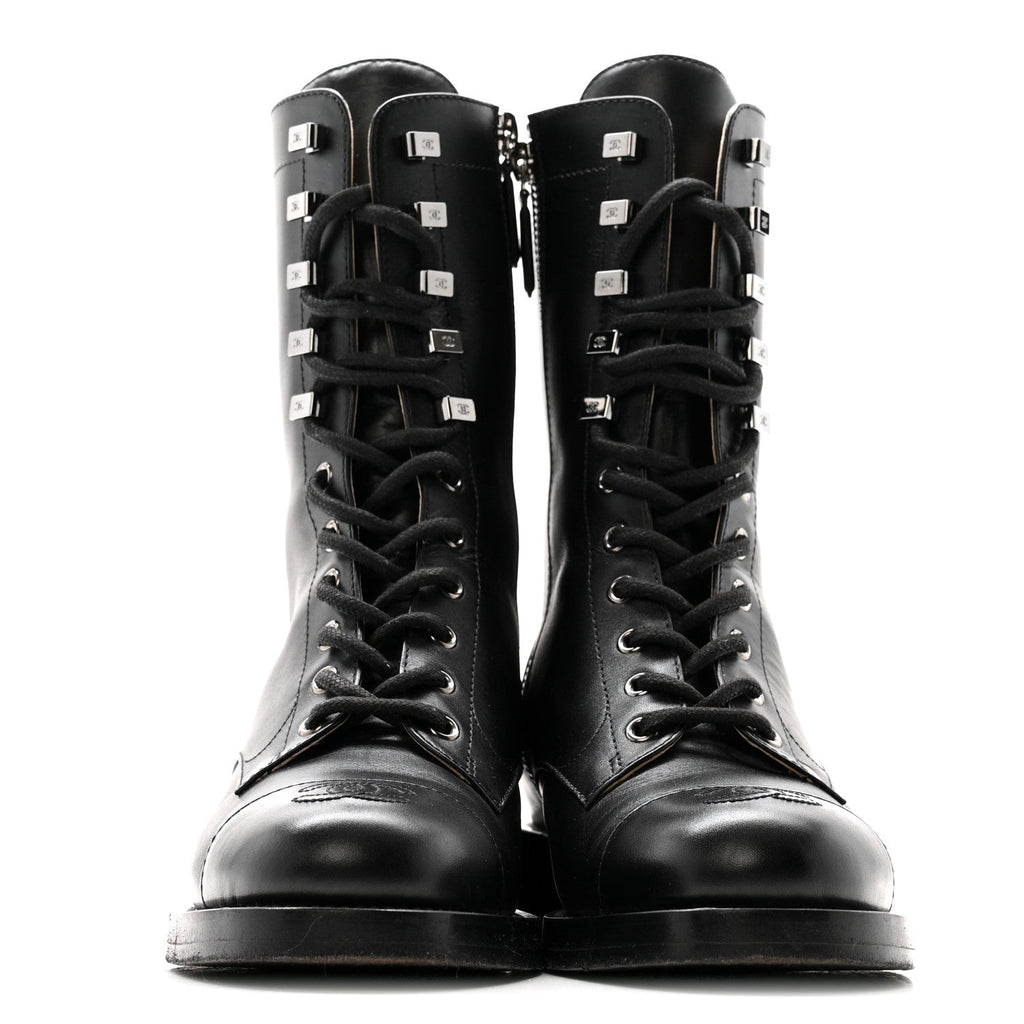 Calfskin Cap Toe Lace Up Combat Boots 38 Black