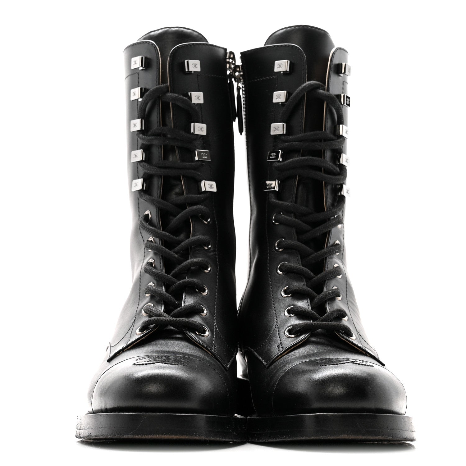 Calfskin Cap Toe Lace Up Combat Boots 38 Black
