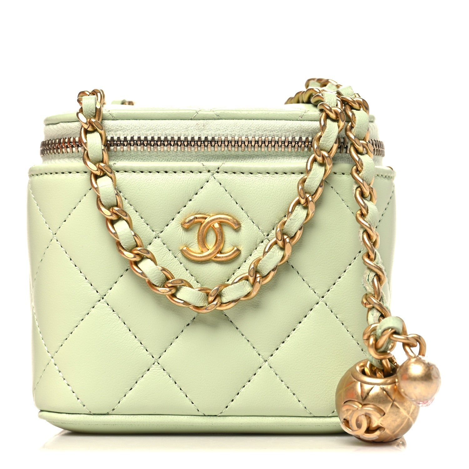 Chanel Lambskin Quilted Pearl Crush Mini Vanity Case With Chain Light Green