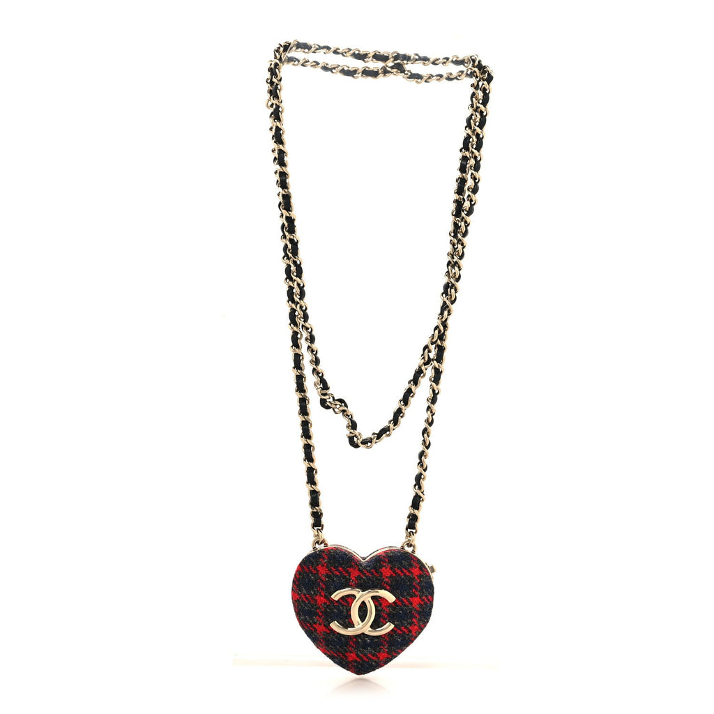 Chanel Tweed Lambskin CC Heart Mirror Locket Necklace Gold Grey Red Black