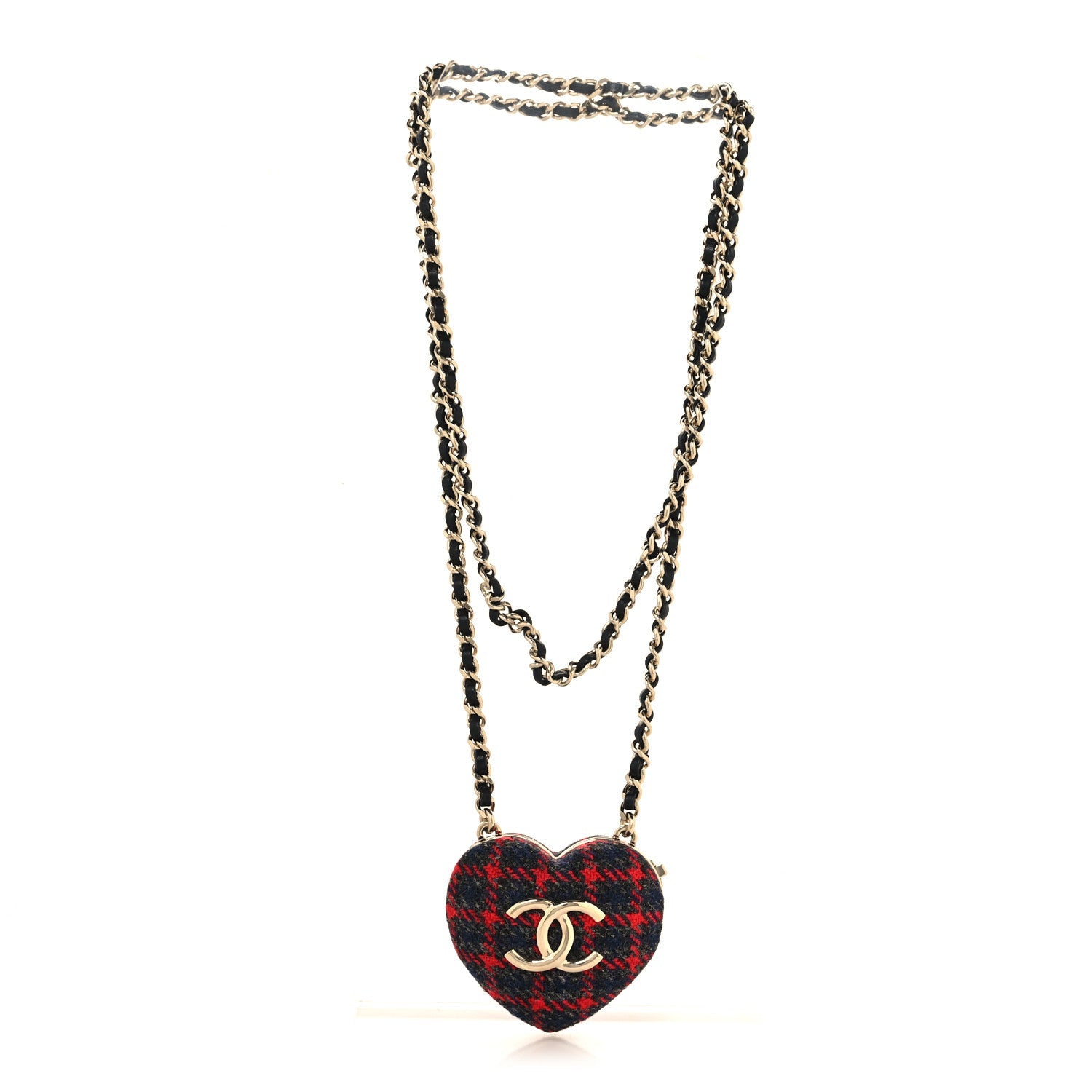 Chanel Tweed Lambskin CC Heart Mirror Locket Necklace Gold Grey Red Black