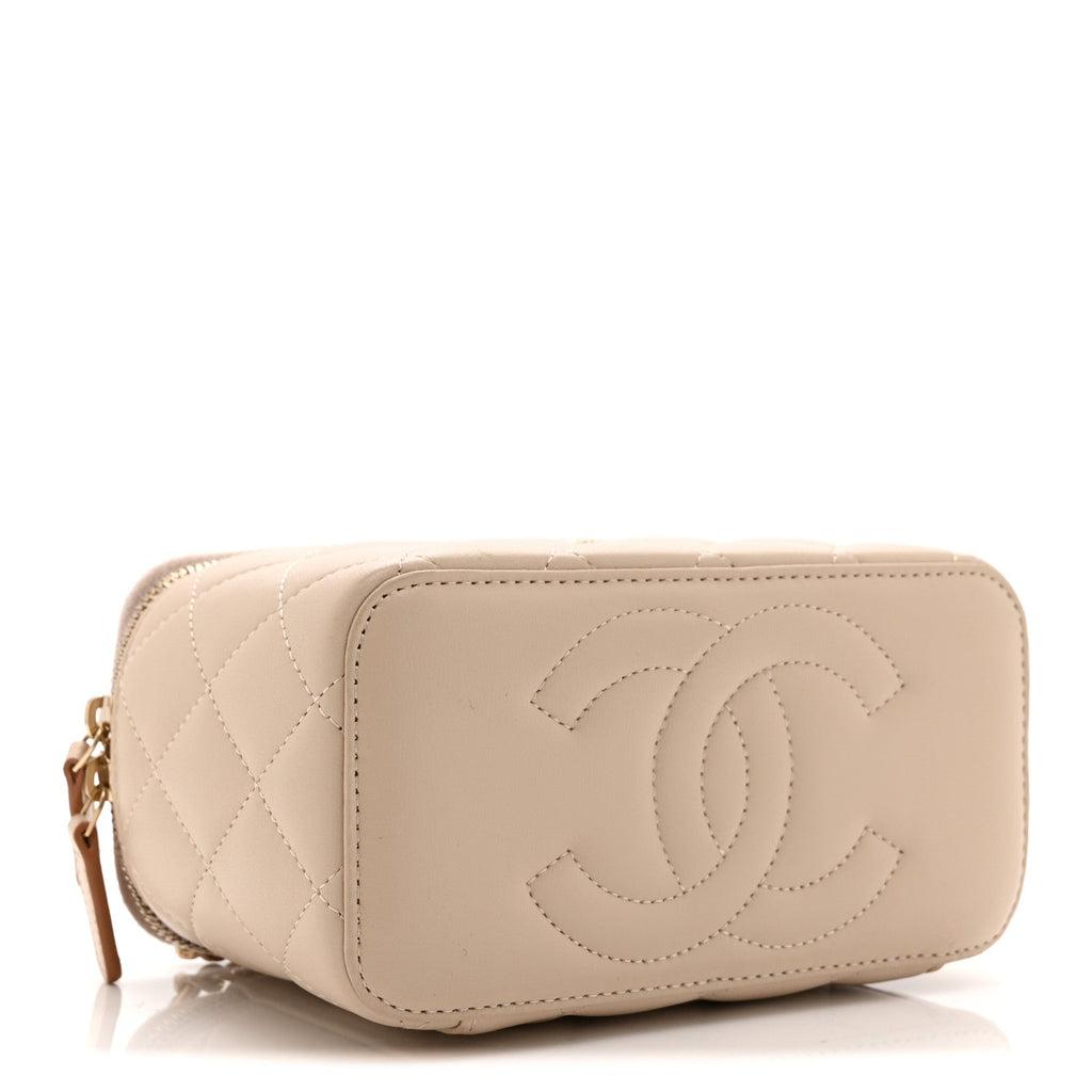 Chanel Lambskin Quilted Small Top Handle Vanity Case With Chain Beige