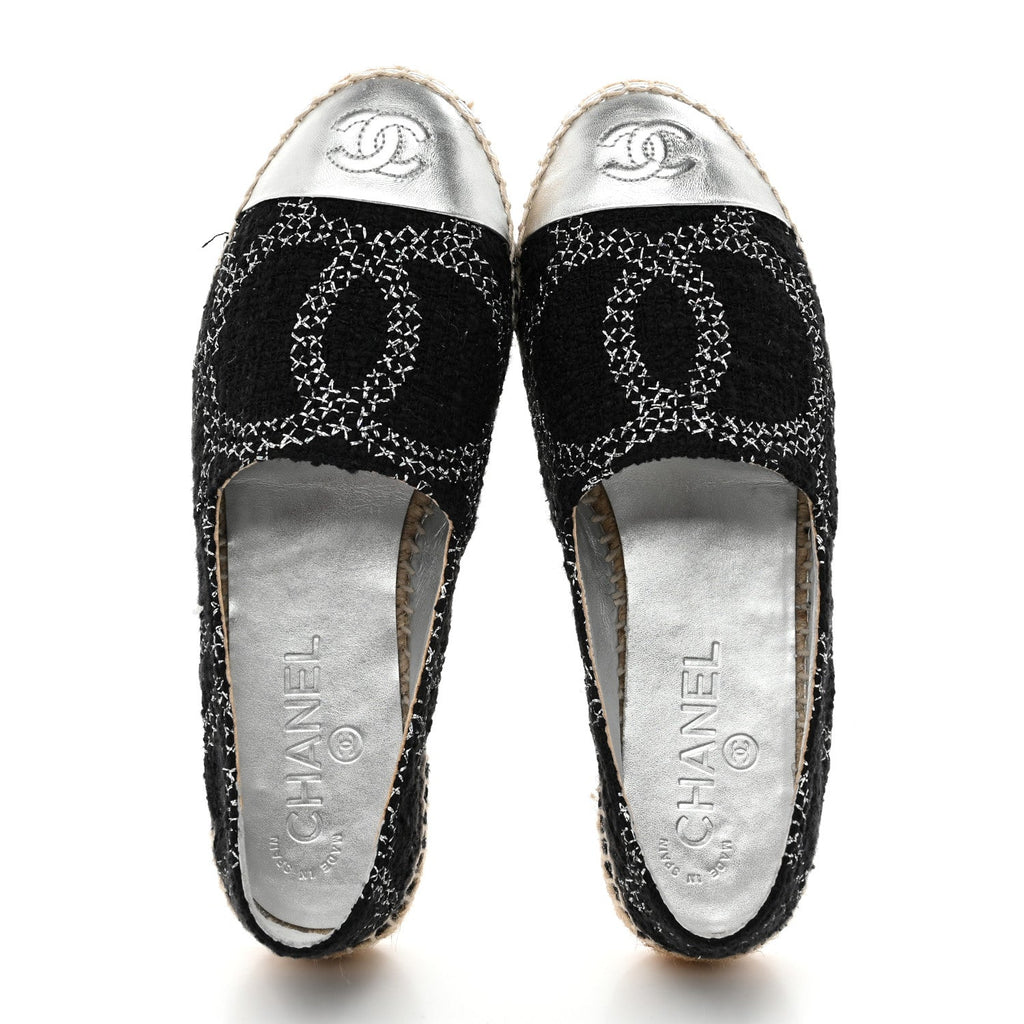 Metallic Tweed Lambskin CC Espadrilles 36 Black Silver
