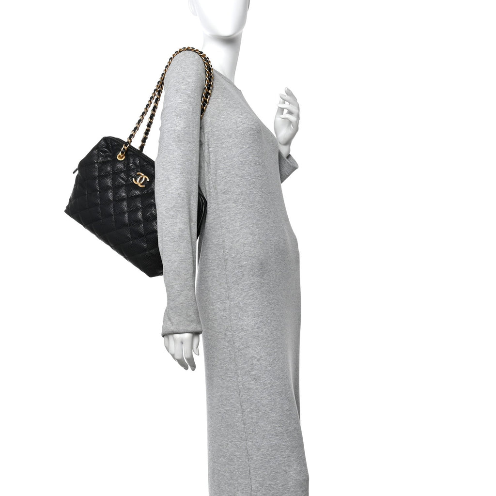 Chanel Shiny Caviar Quilted Large Bowling Bag Black