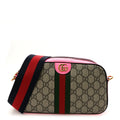 Gucci GG Supreme Monogram Textured Dollar Calfskin Web Ophidia Small Crossbody Bag Beige Ebony Fuchsia