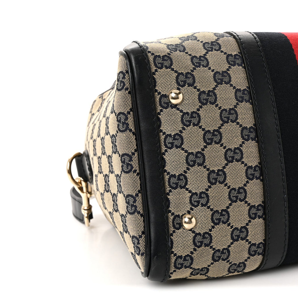Gucci Monogram Selleria Calfskin Vintage Web Medium Boston Beige Blue