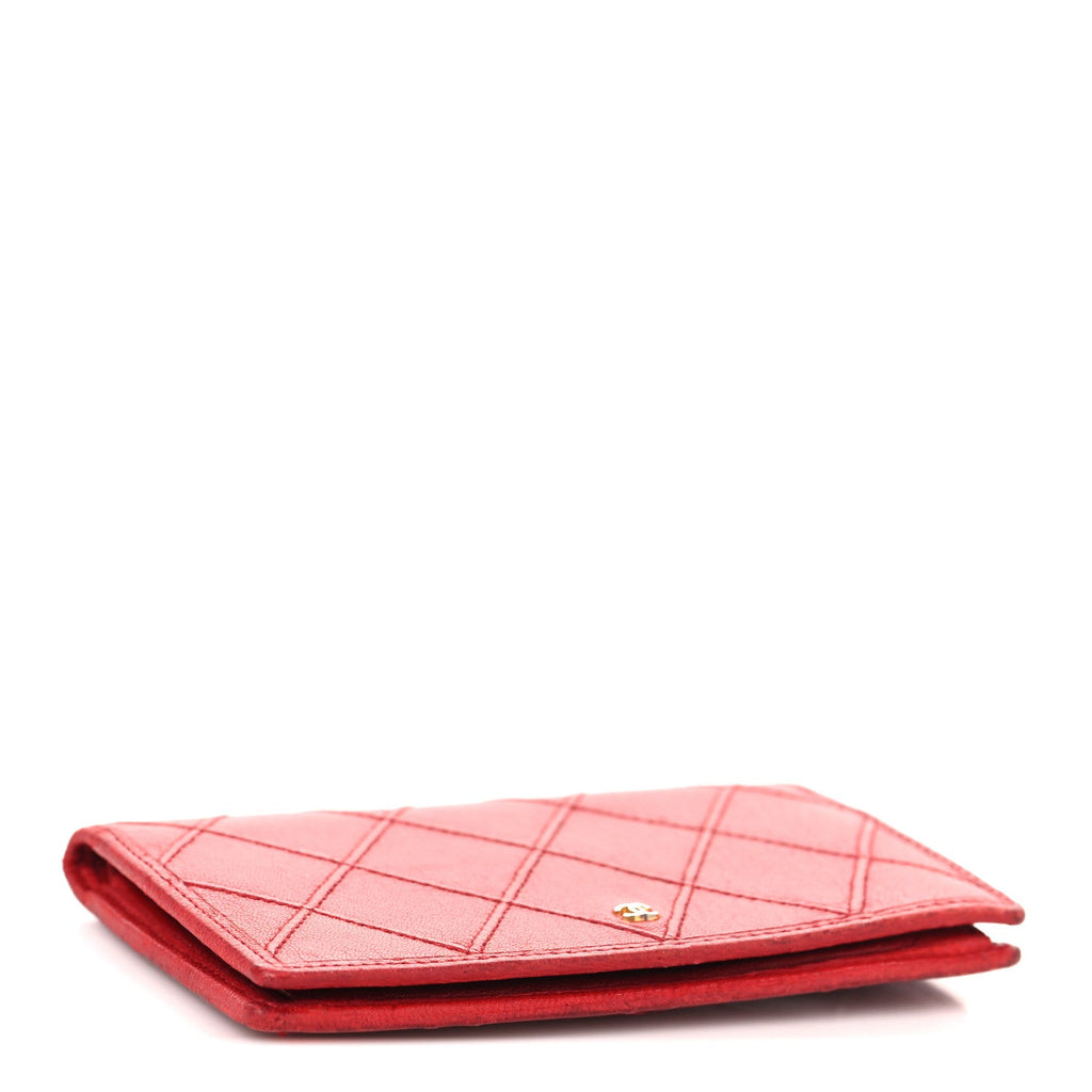 Lambskin Diamond Stitched Flap Card Case Red