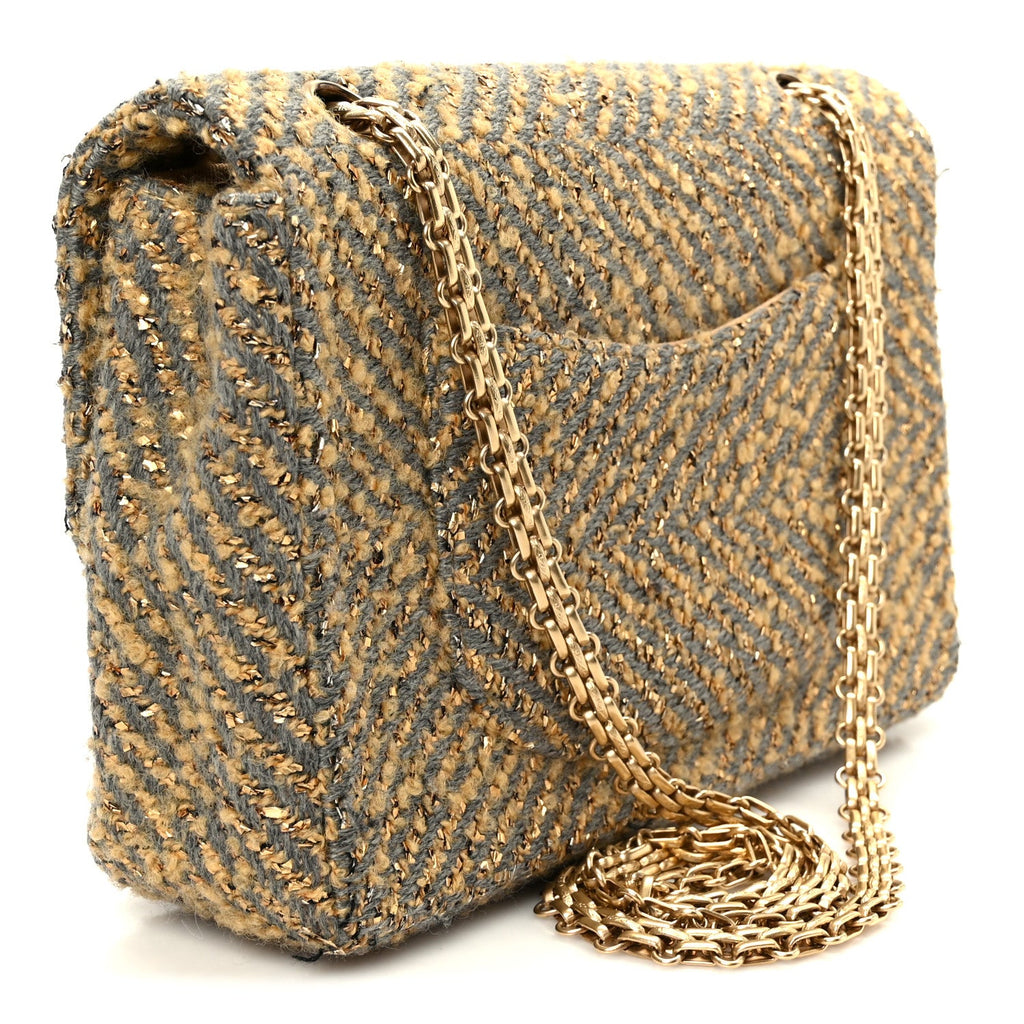 Chanel Metallic Tweed Quilted Medium Single Flap Beige Grey Gold