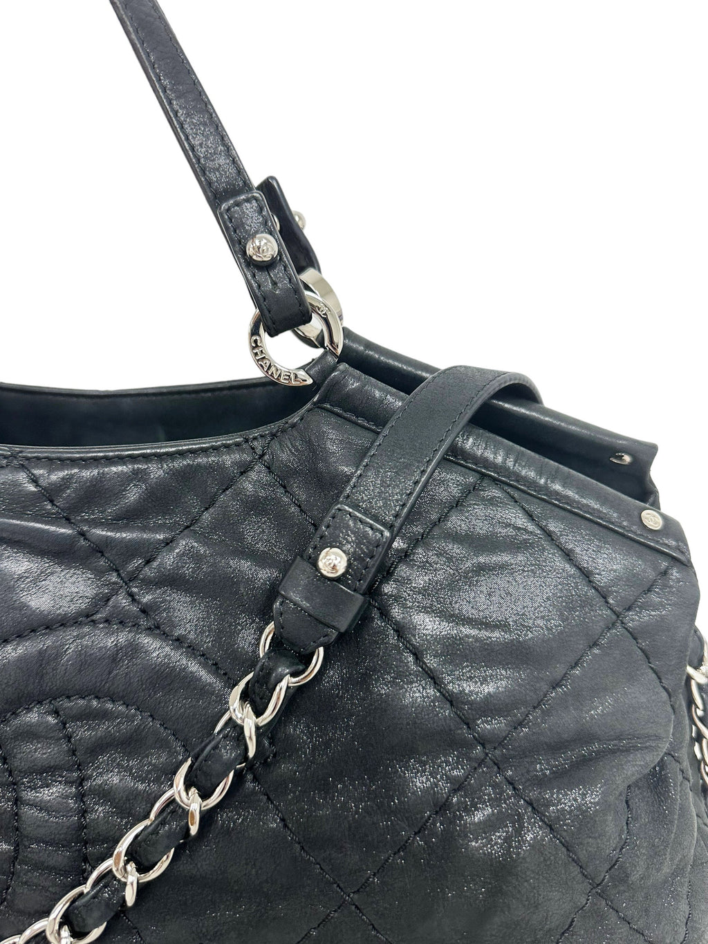 Chanel Matelasse Quilted Black Shimmer Leather Chain Shoulder Tote Bag