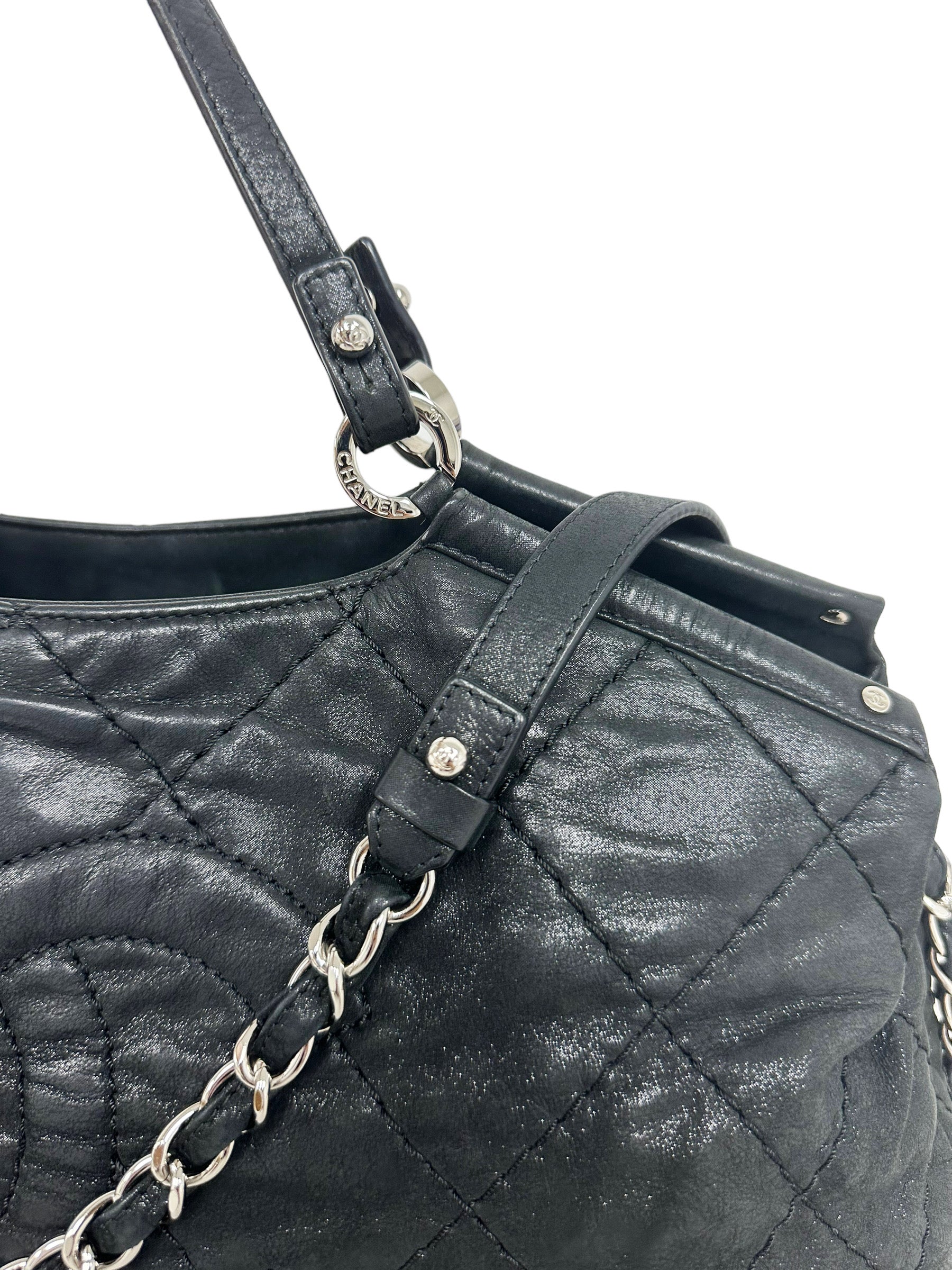 Chanel Matelasse Quilted Black Shimmer Leather Chain Shoulder Tote Bag