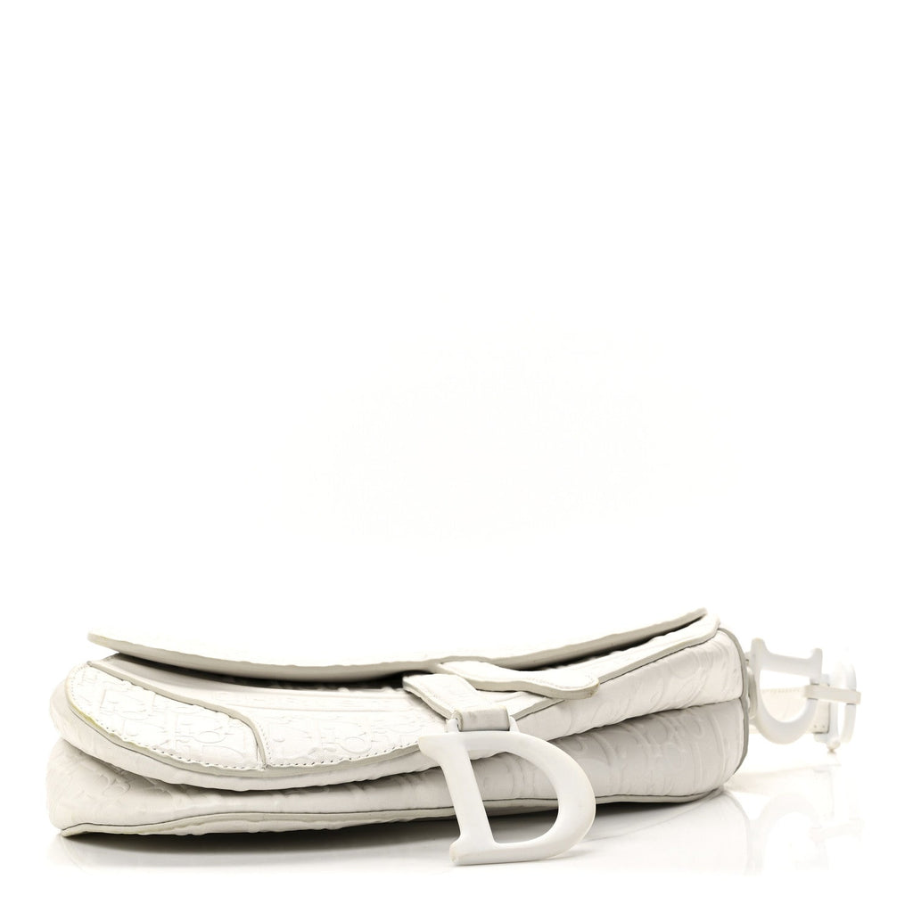 Christian Dior Calfskin Embossed Oblique Saddle Bag White