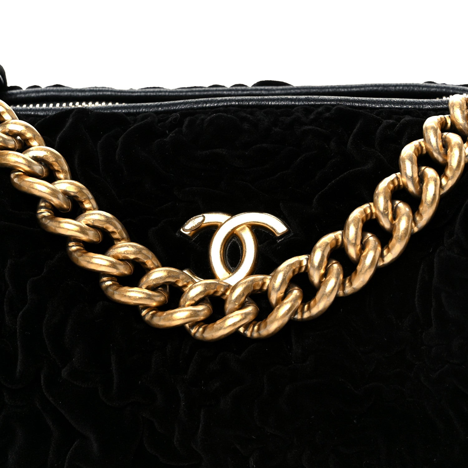 Chanel Velvet Camellia Embossed Barrel Clutch With Chain  Black