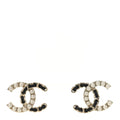 Pearl Lambskin Chain CC Stud Earrings Gold Black