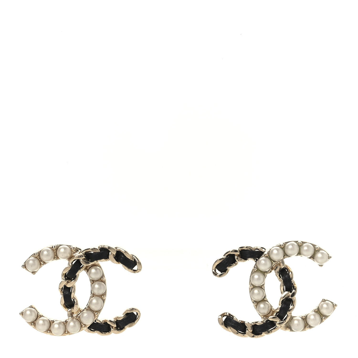 Pearl Lambskin Chain CC Stud Earrings Gold Black