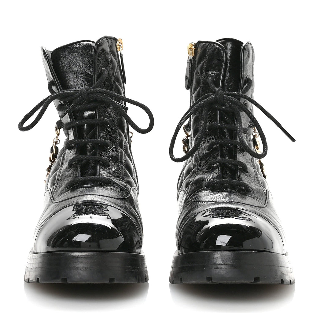 Chanel Shiny Calfskin Patent Quilted Chain Lace Up Combat Boots 40 Black