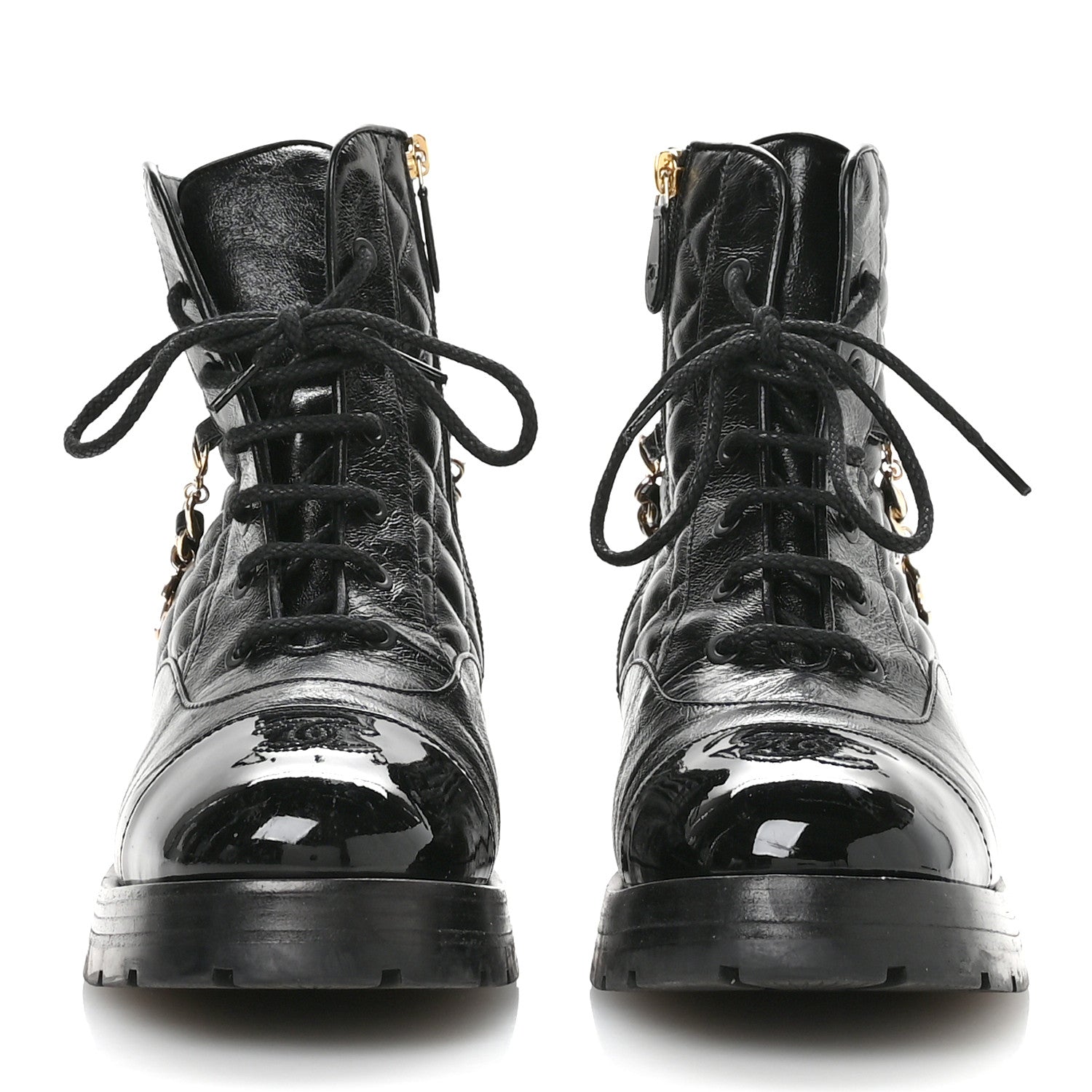 Chanel Shiny Calfskin Patent Quilted Chain Lace Up Combat Boots 40 Black