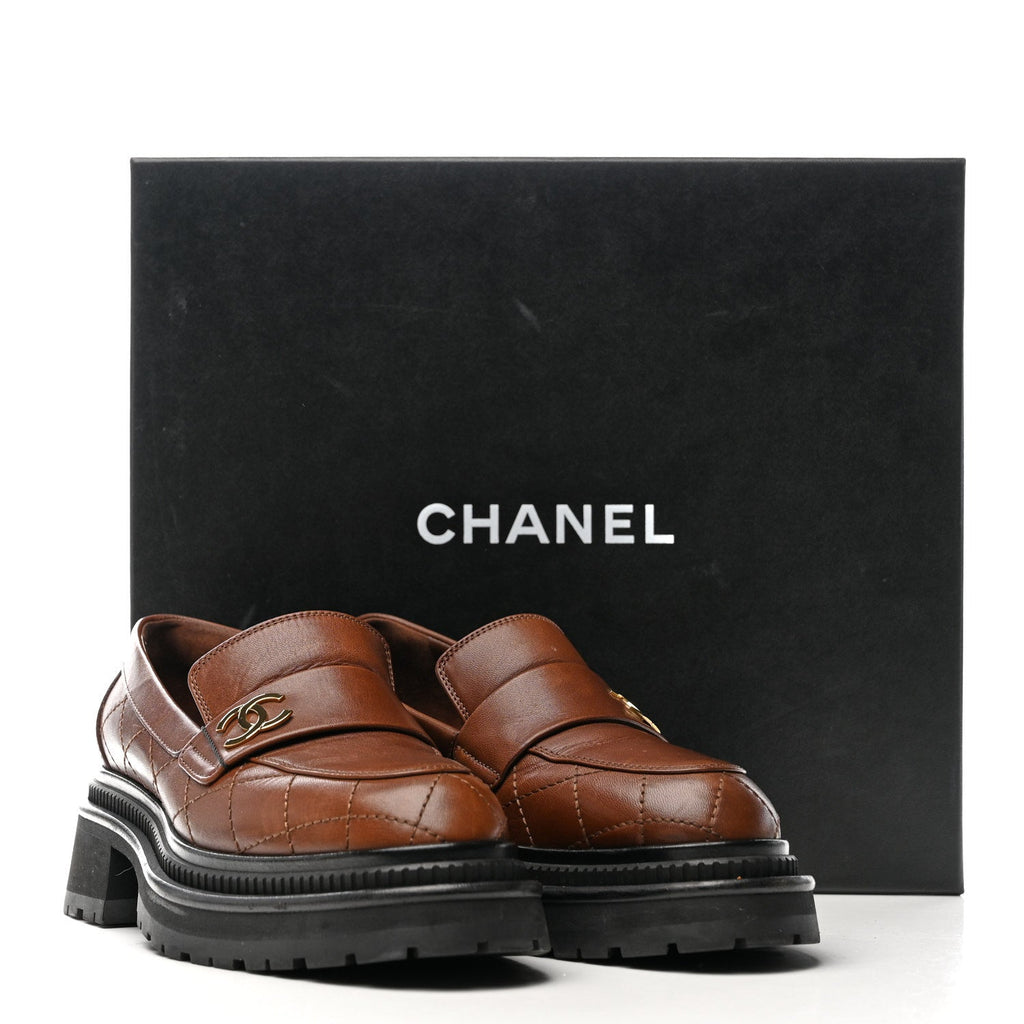 Calfskin Quilted CC Mocassin Loafers 36 Brown