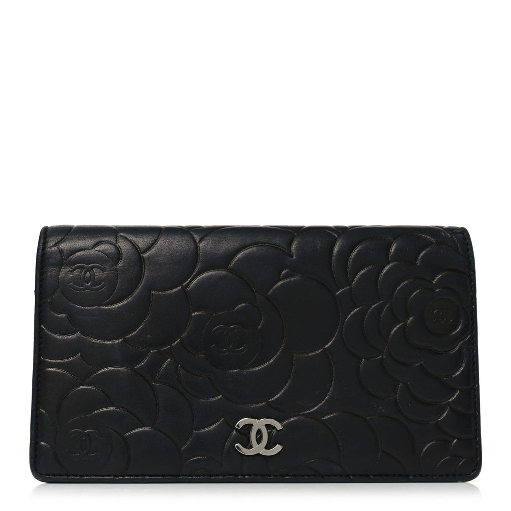 Lambskin Camellia Embossed Yen Wallet Black