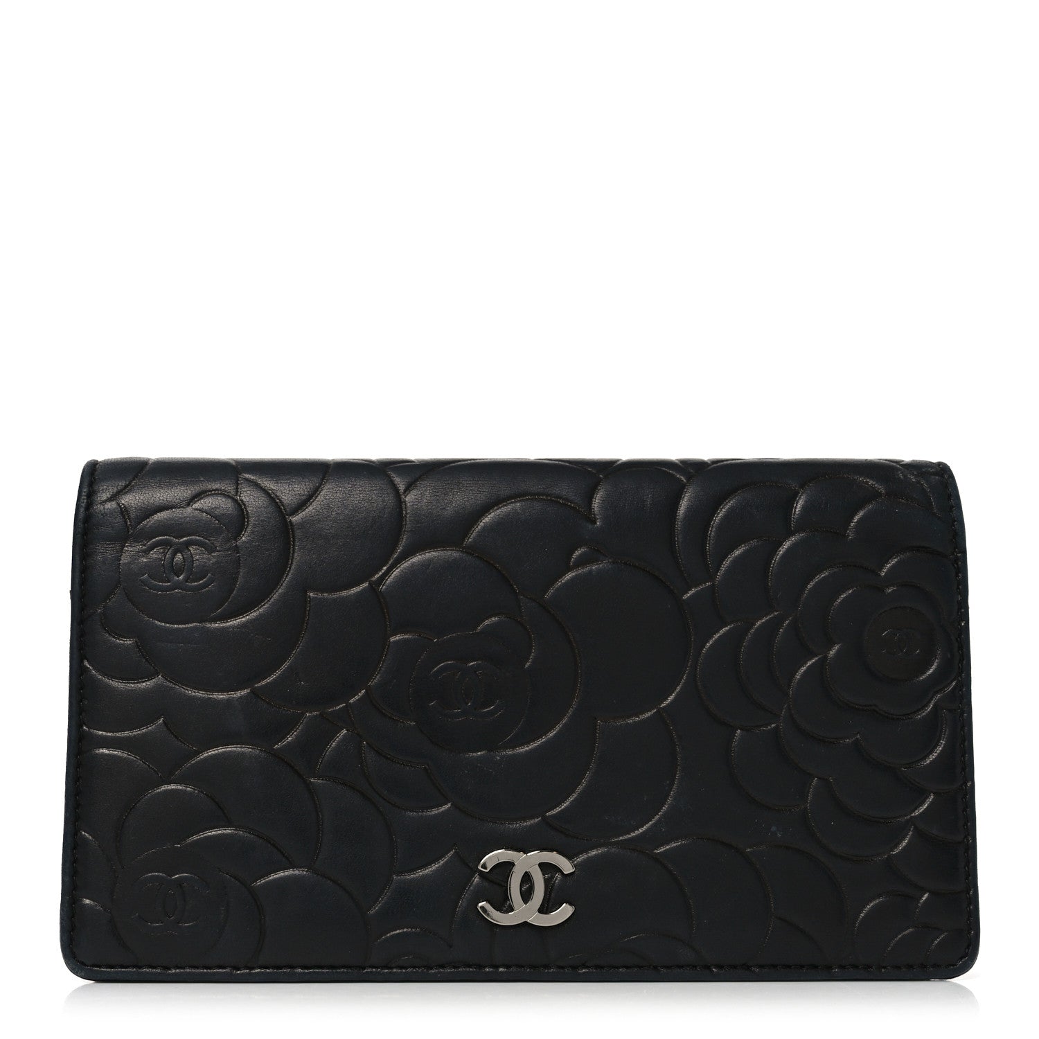 Lambskin Camellia Embossed Yen Wallet Black