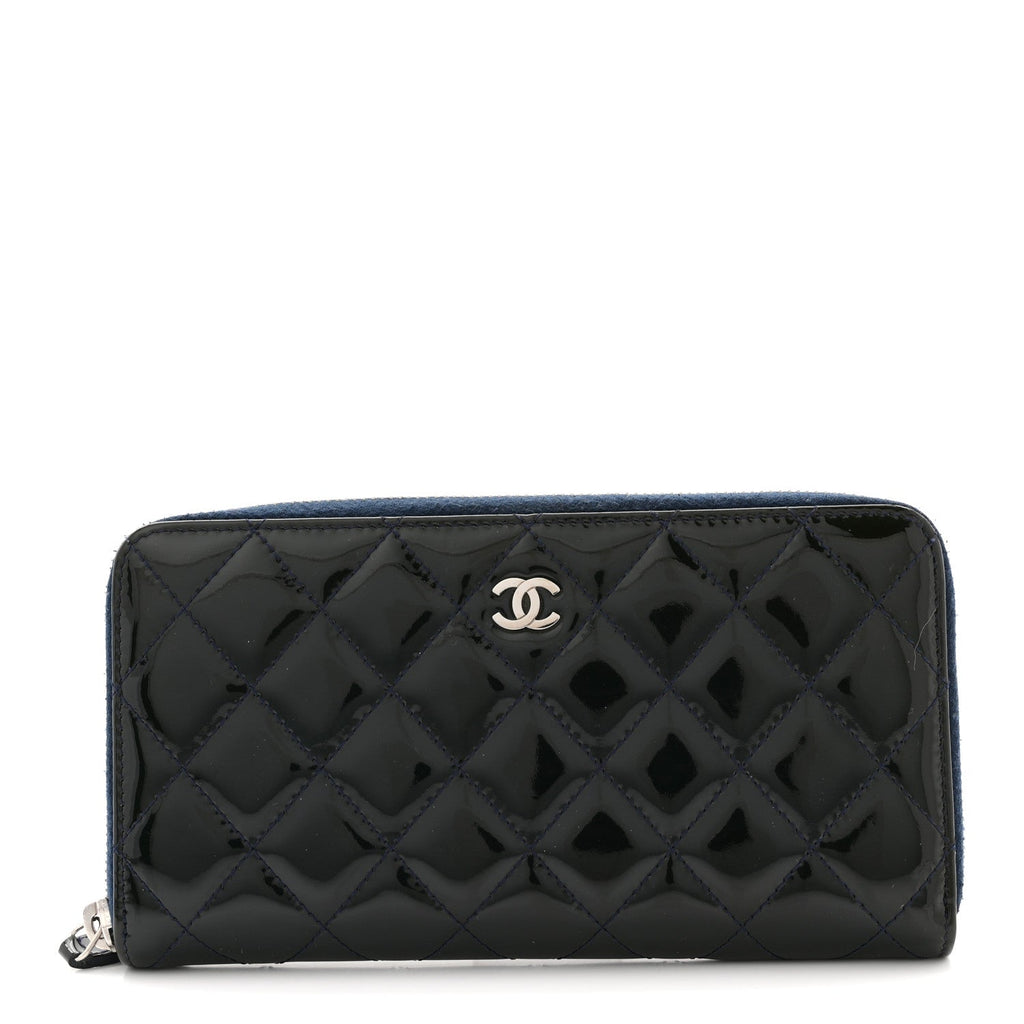 Patent Quilted Zip Around Wallet Dark Blue