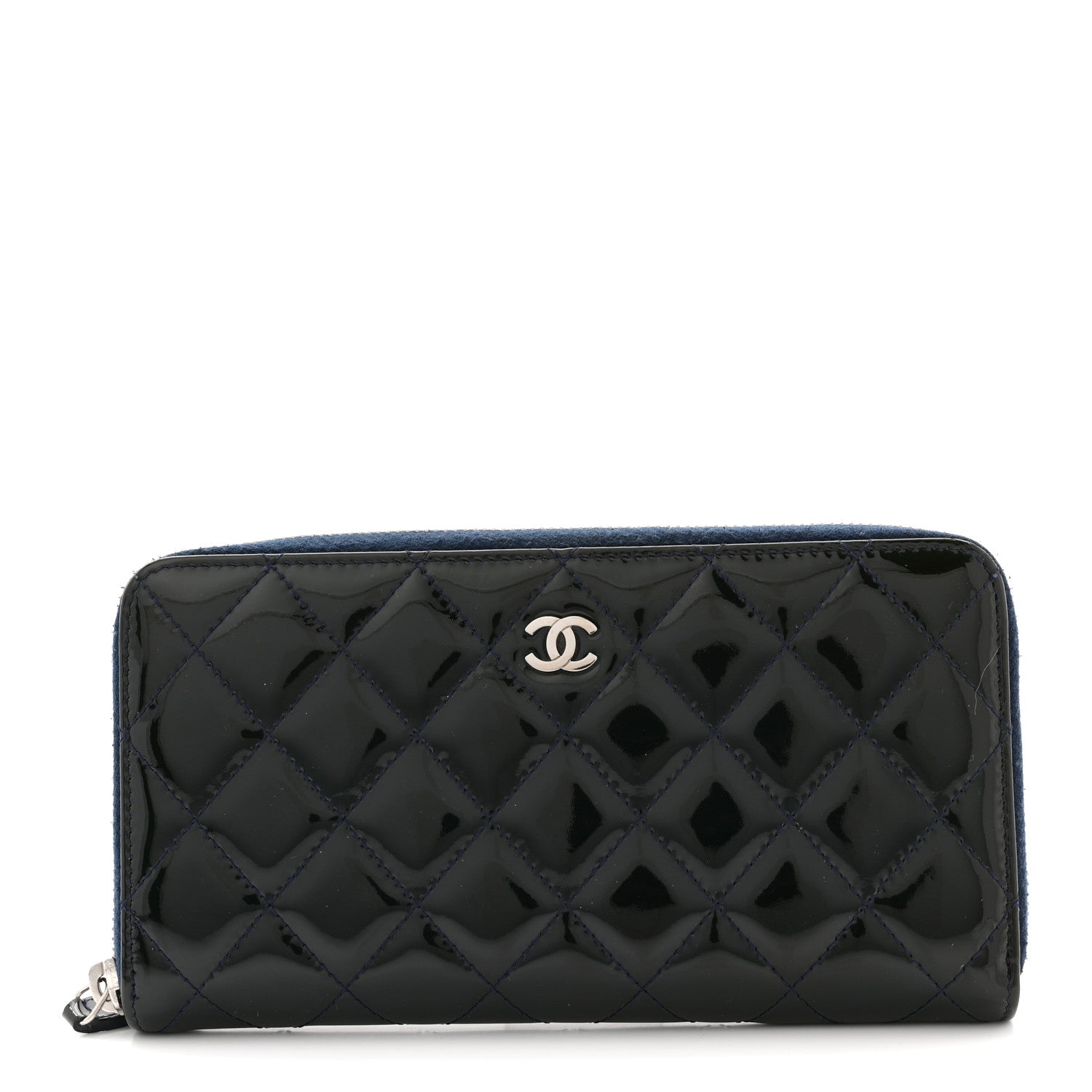 Patent Quilted Zip Around Wallet Dark Blue