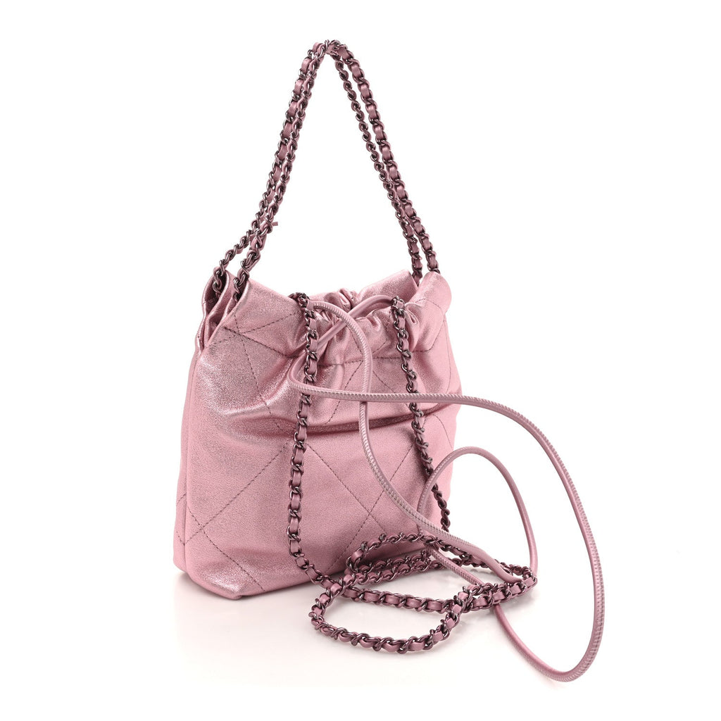 Chanel Metallic Lambskin Lacquered Monochrome Quilted Mini Chanel 22 Pink