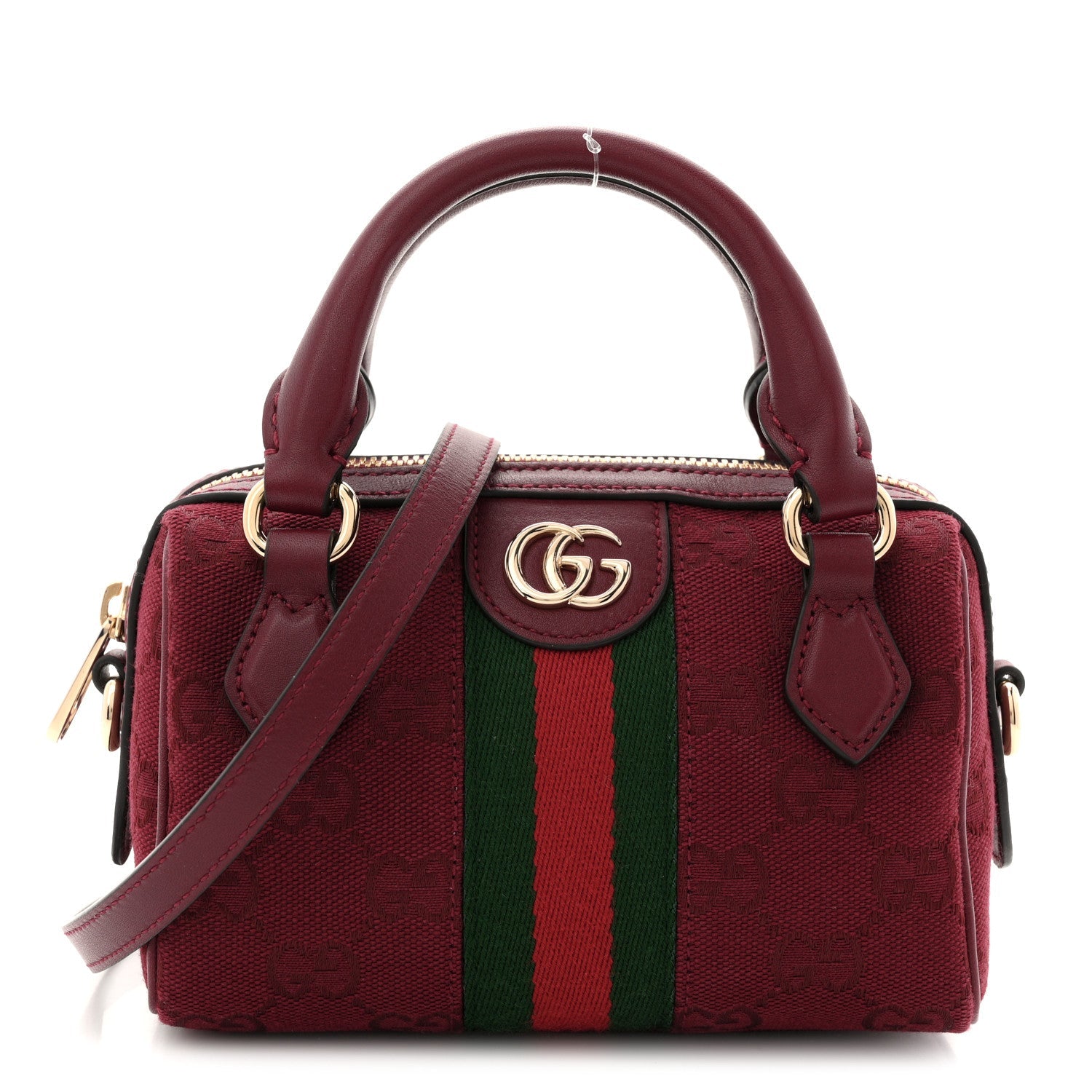Gucci GG Supreme Monogram Textured Dollar Calfskin Web Super Mini Ophidia Top Handle Bowler Bag Rosso Ancora