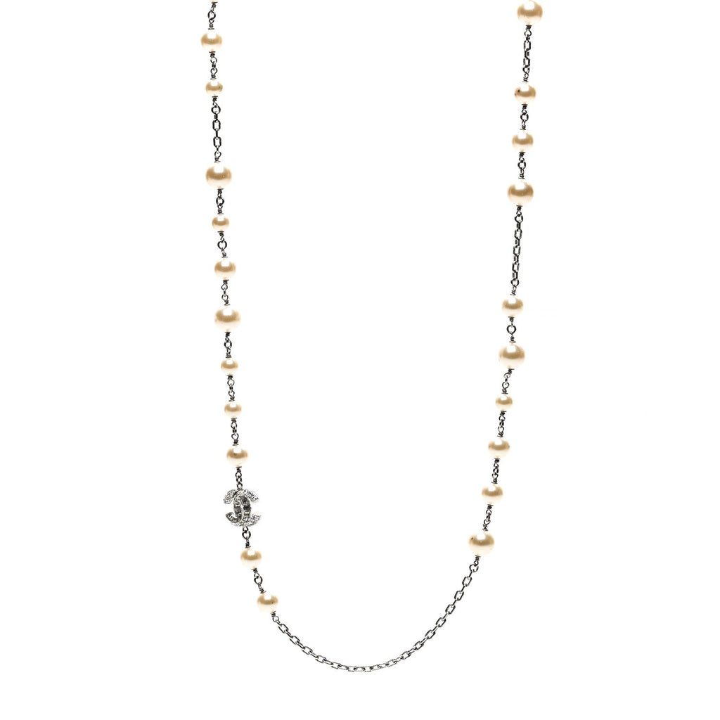 Graduated Pearl Crystal CC Long Necklace Silver
