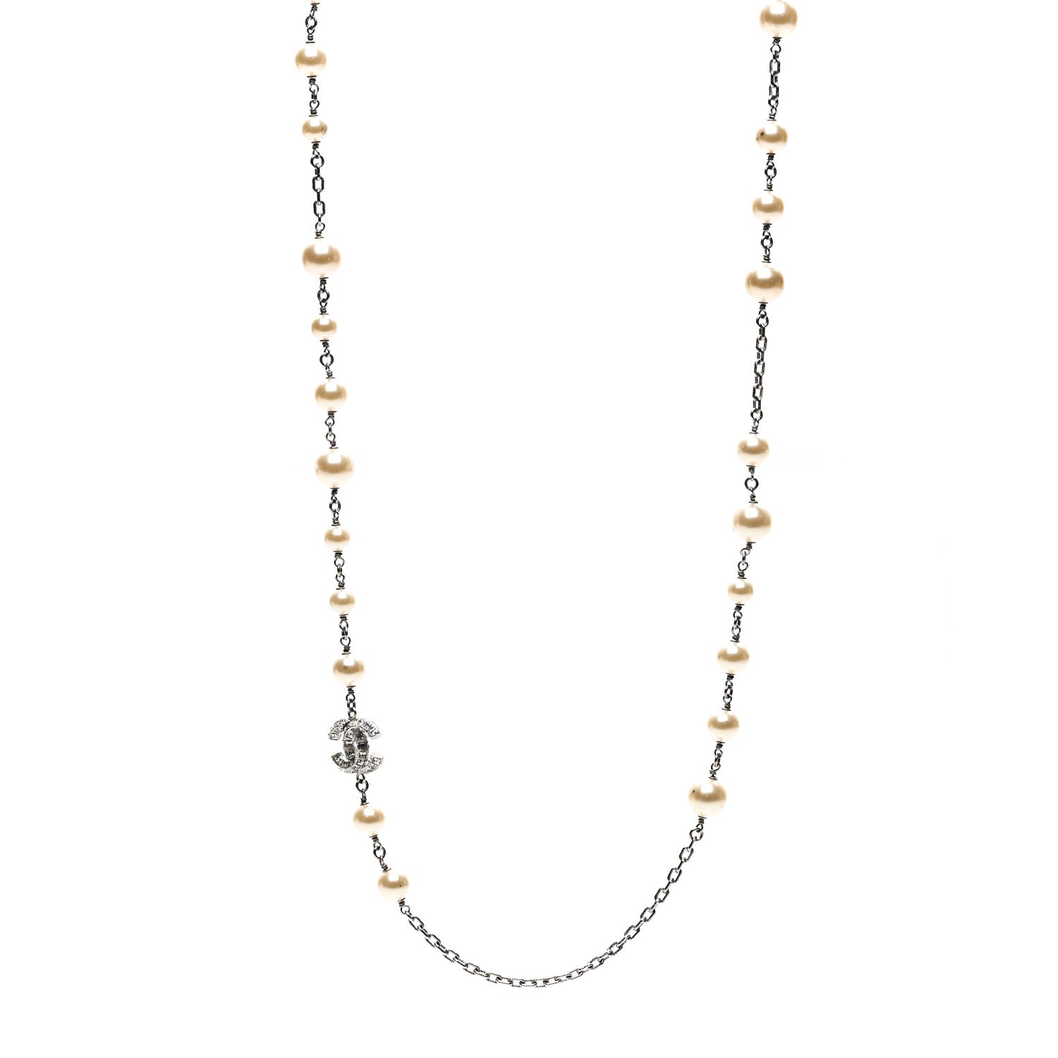 Graduated Pearl Crystal CC Long Necklace Silver